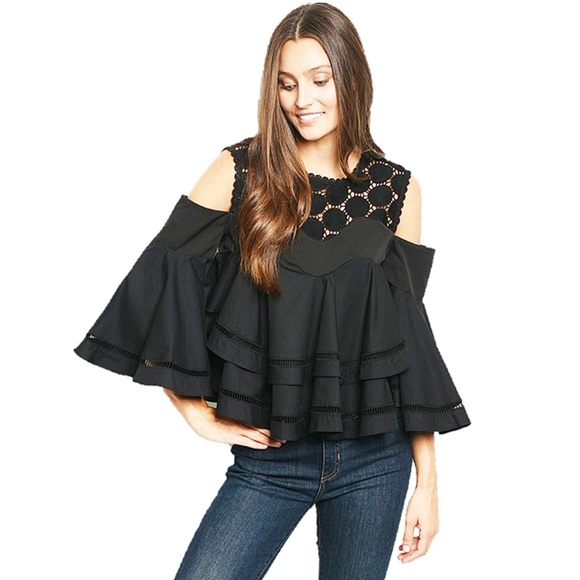 Cold Shoulder Bell Sleeve Lace Ruffle Blouse Top - Picture 8 of 8